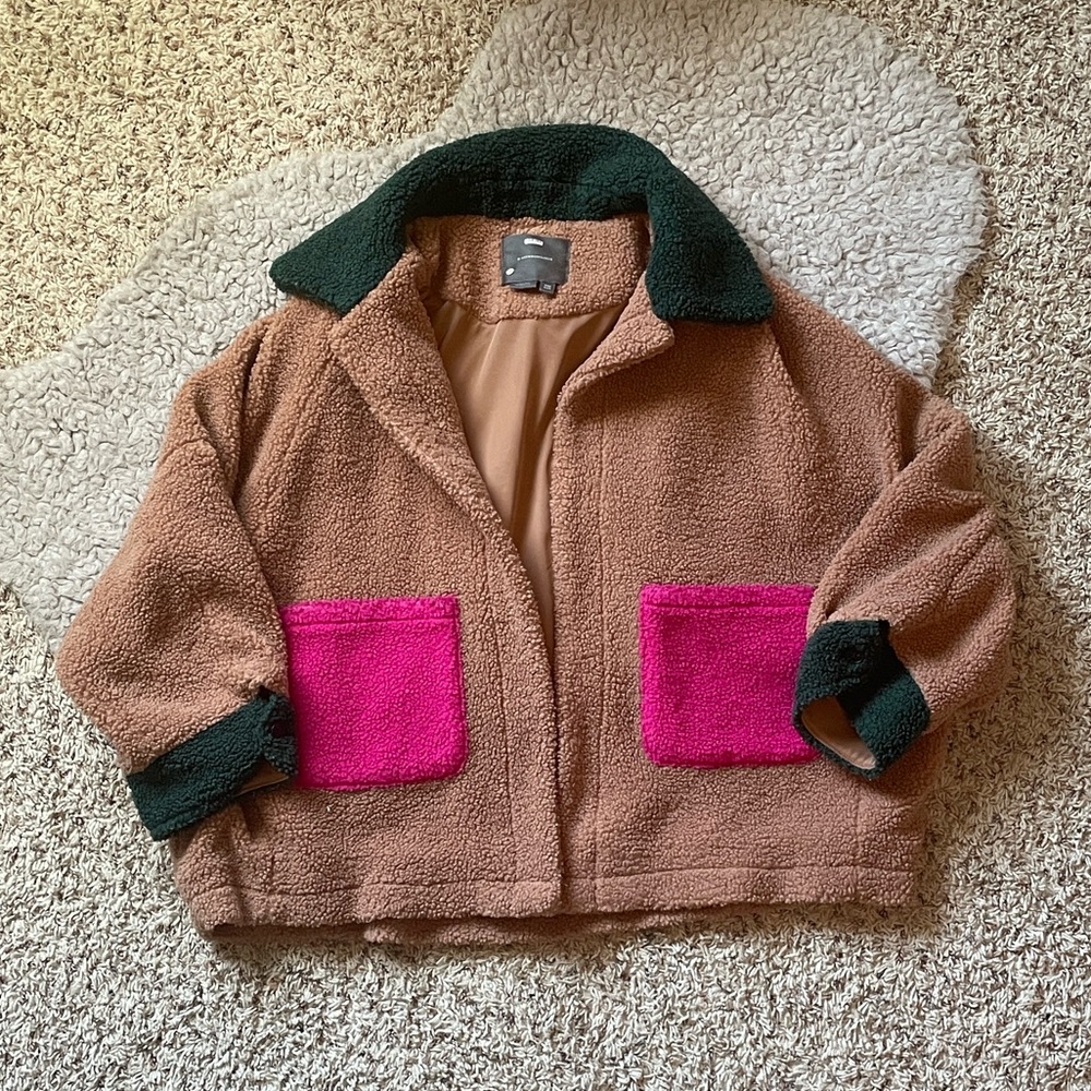 Anthropologie Brown Teddy Jacket with Pink Pockets and Dark Green Trim